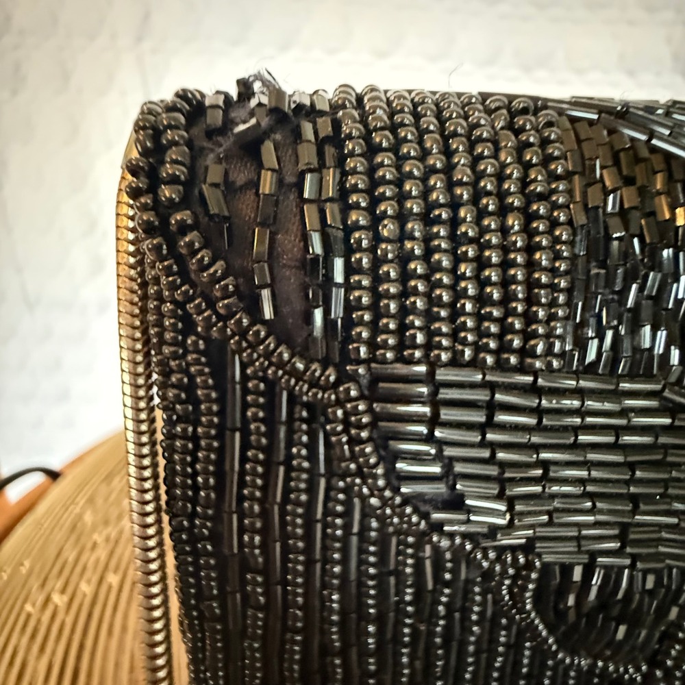 Marshall Field's Vintage Black Glass Beaded Art Deco Evening Clutch Bag Chain - Picture 7 of 10